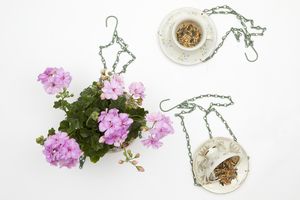 Zwei DIY Hängedekorationen aus nostalgischen Tassen und Untertassen mit Vogelfutter neben einer Upcycling Blumenampel mit Geranie