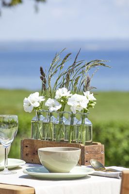 Wooden terrace with lake view, pink geranium in wicker basket, garden chair and table with cup